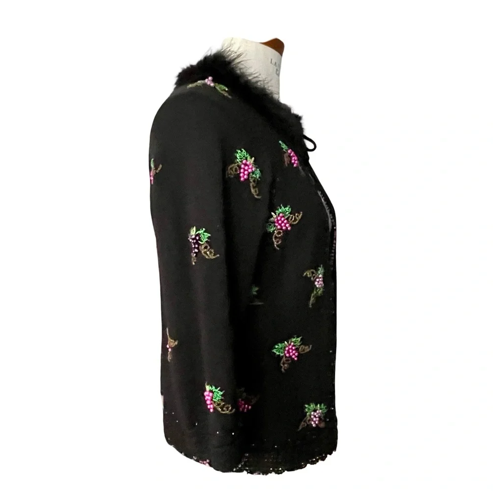 Just Be Black Beaded Faux Fur Collar Open Cardigan Sz S-M Tassel Tie Closure